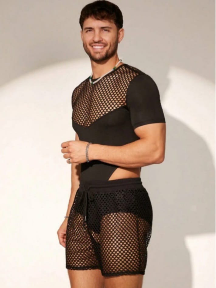 Men's See Through Mesh Drawstring Sleepwear Shirt & Short And t-shirt & Short Set
